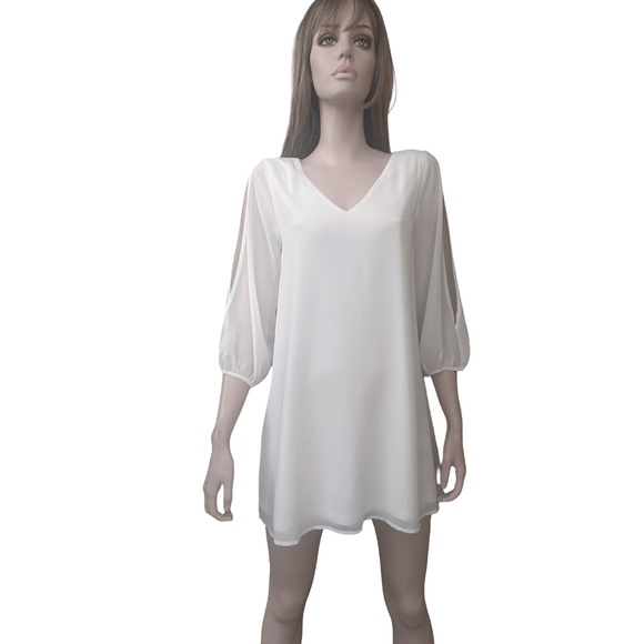 Lulu's Chiffon Cold Shoulder Shift Dress Tunic Wedding open sleeve Flowy Angelic - Picture 6 of 16